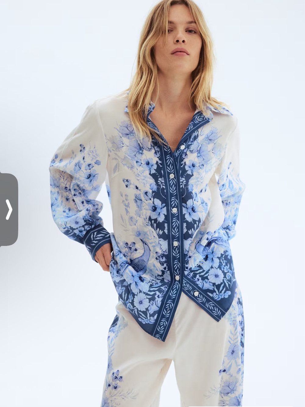 H&M Cream and Blue Floral Button-Up Blouse